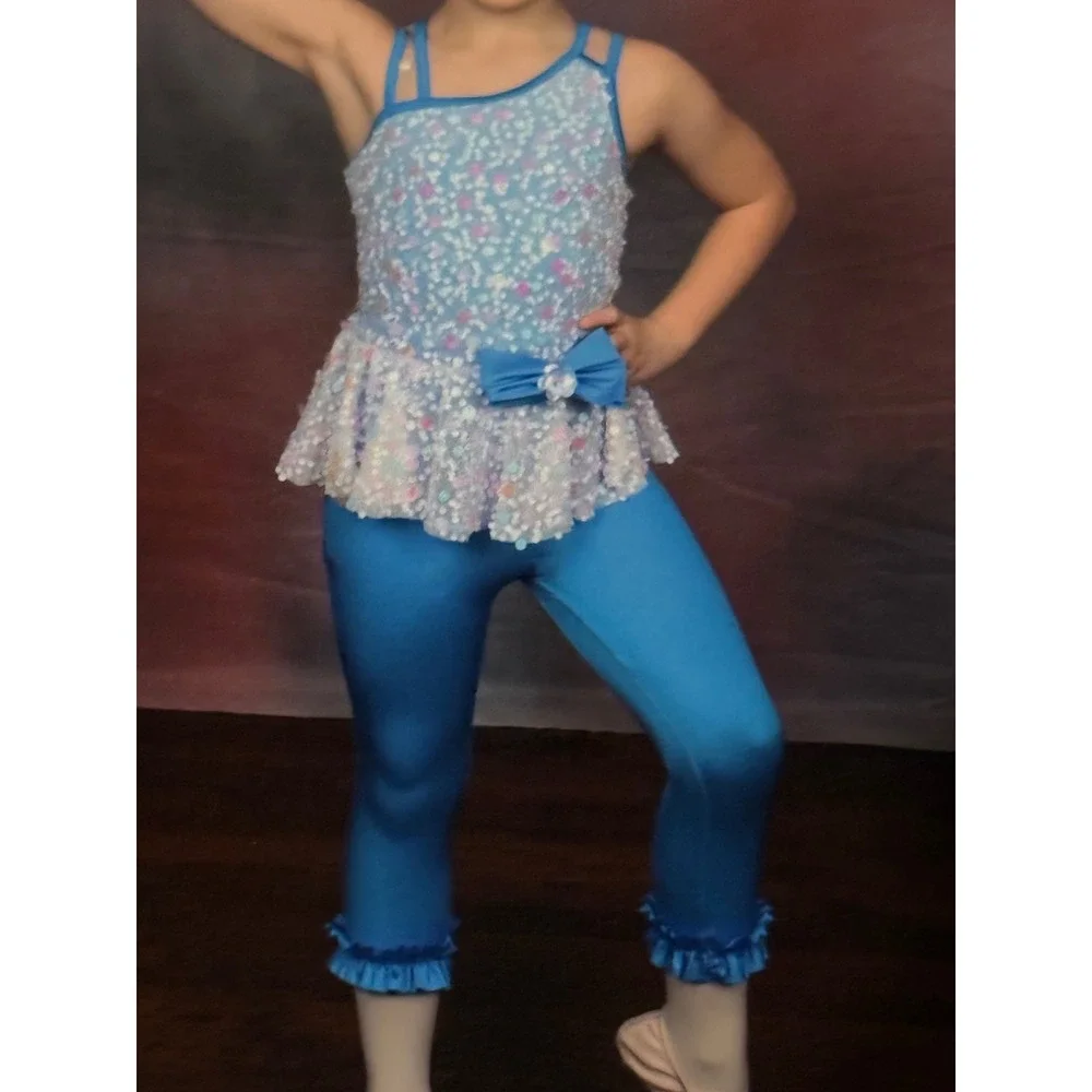 Weissman‎ Kids Large Iridescent Sequin Blue Dance Costume + Pants & Accessories
